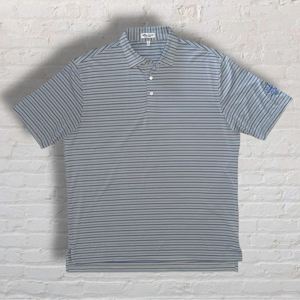 Peter Millar Summer Comfort Golf Polo Men’s Large Gray Blue Stripe Logo - Picture 6 of 8